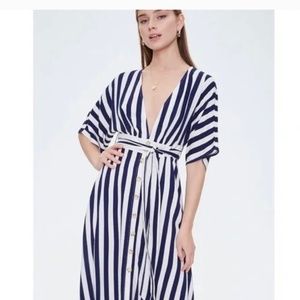 FOREVER 21 Navy Blue Stripe Low V-neck Button Batwing Sleeve A-Line Midi Dress